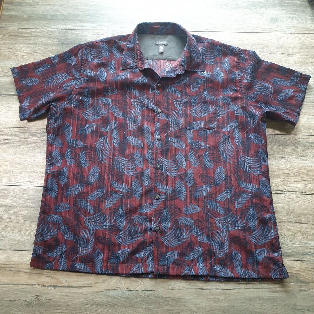 Van Heusen Men Button Up Tropical Leaf Print Short Sleeve Shirt Size XL FLAW